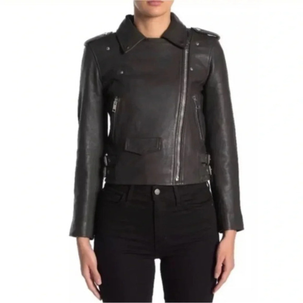 WALTER BAKER Liz Lamb Leather Crop Moto Jacket Black Size Medium ($698) B1685
